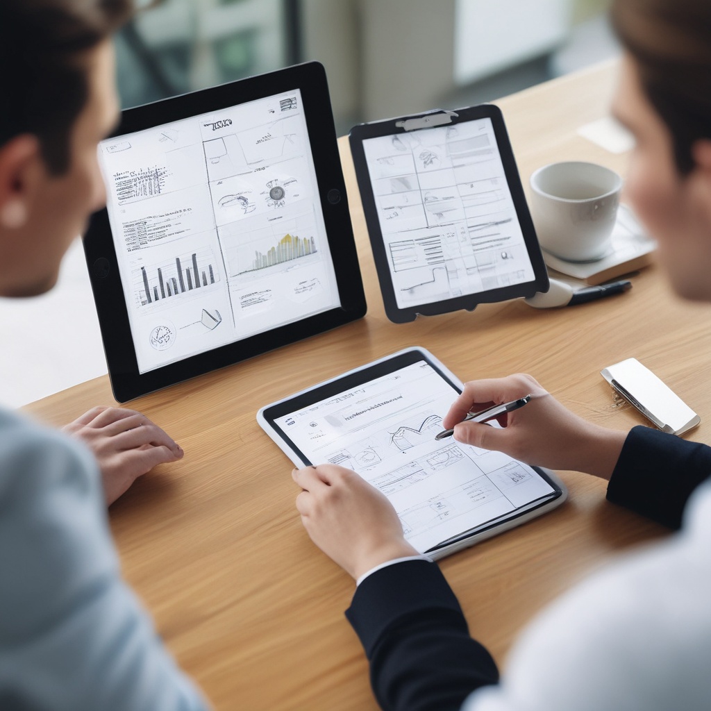 Professionals discussing event planning on a digital tablet